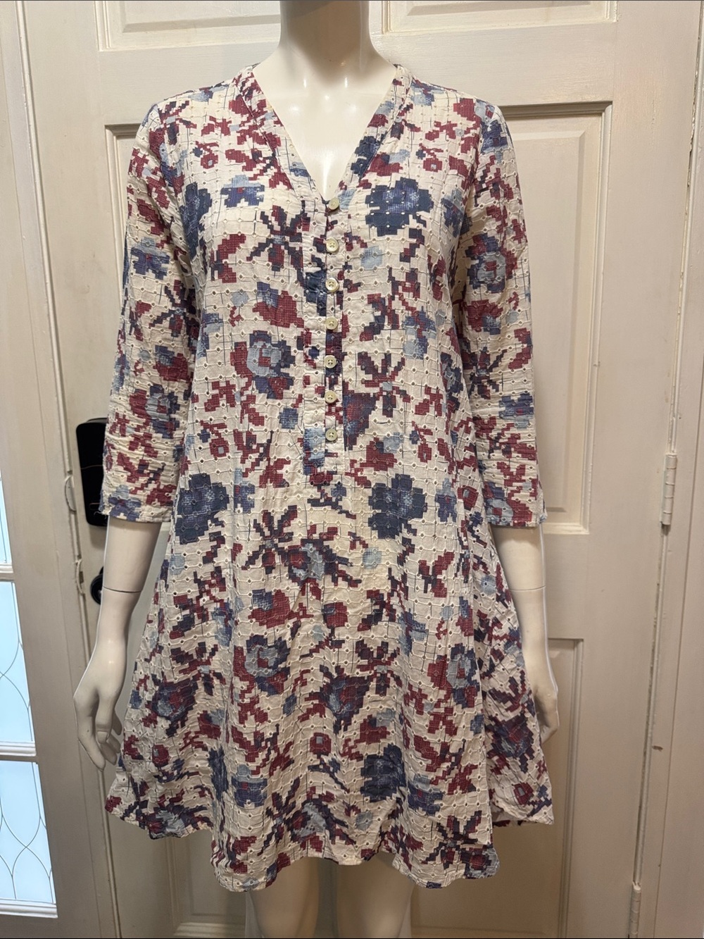 Thakoon Cotton Floral Cotton Tunic Dress - White, Blue & Burgundy Size 6